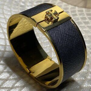Tory Burch Wide Cuff Bracelet Gold Tone Logo Clasp Black Inlay Designer